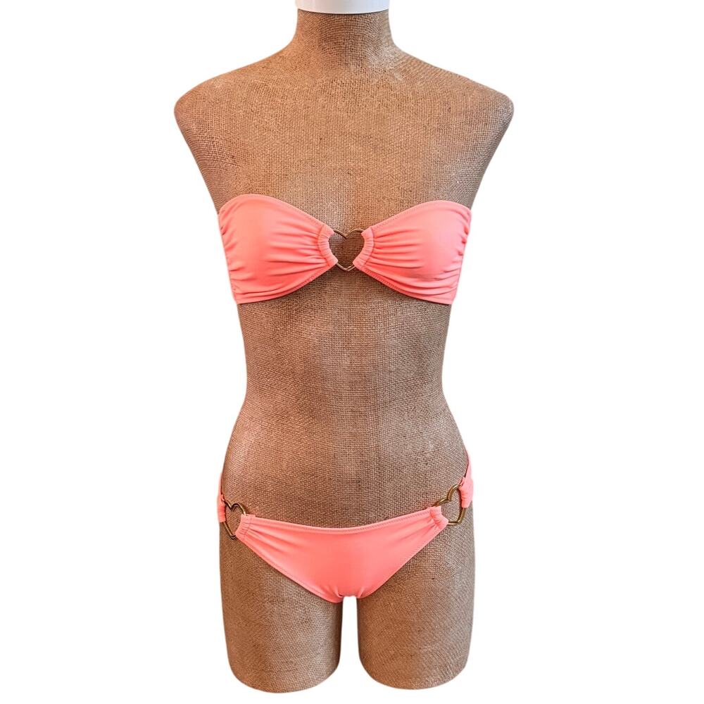 Victoria Secret Bandeau Top Bikini Bathing Swim Suit Gold Heart Small Peach Y2K
